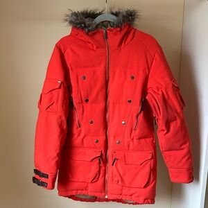 Red Women's Parka Coat with Faux Fur Hood